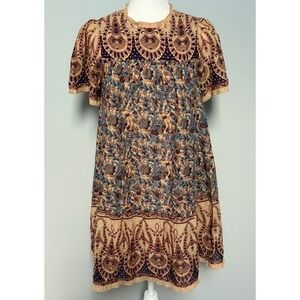 Othilia Anthropologie Mini Dress Paisley Short Sleeve Boho Size 2 Relaxed Fit‎